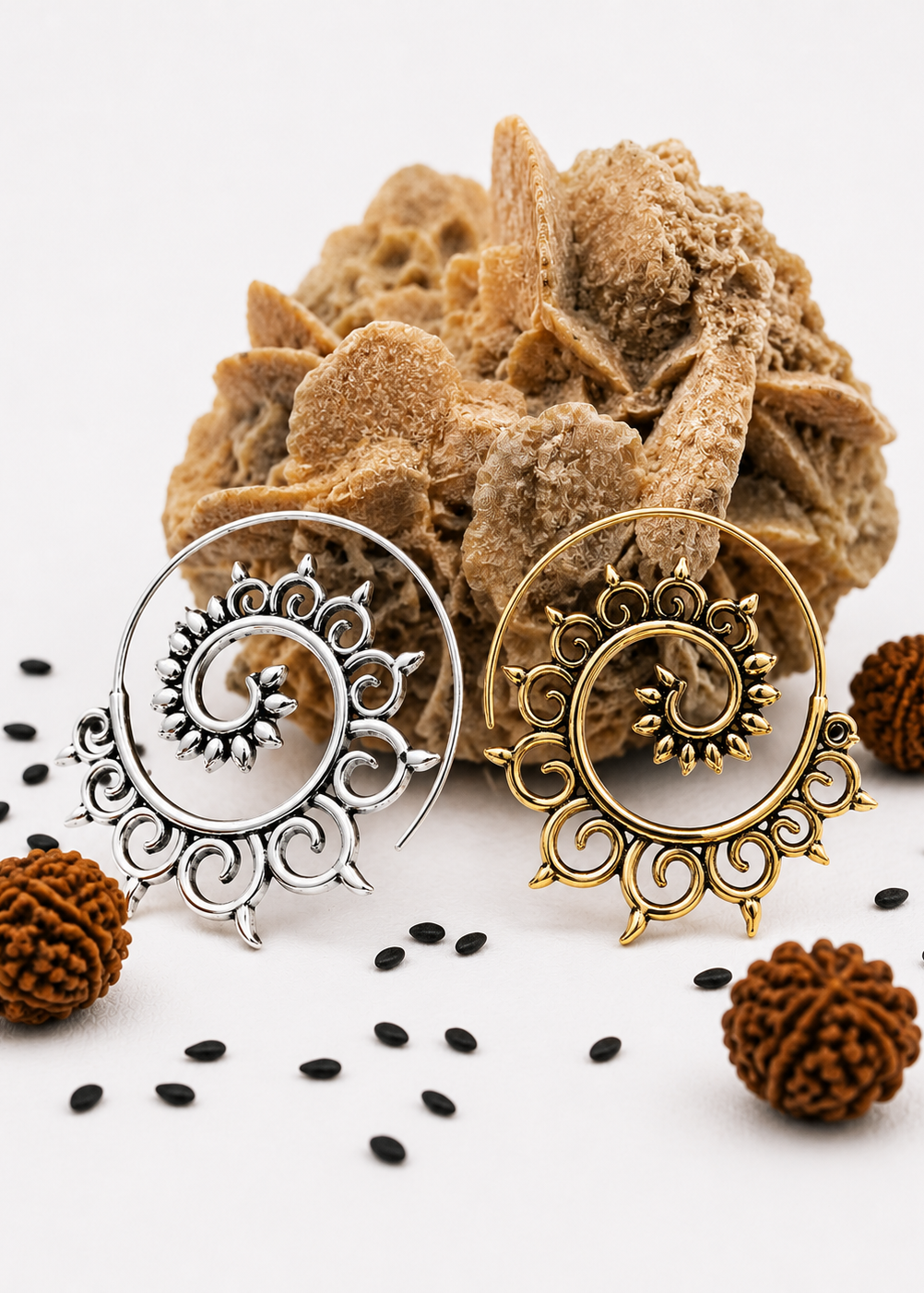 Orecchini Spirale Mandala - Bagno d'Argento e Ottone Boho Artigianali
