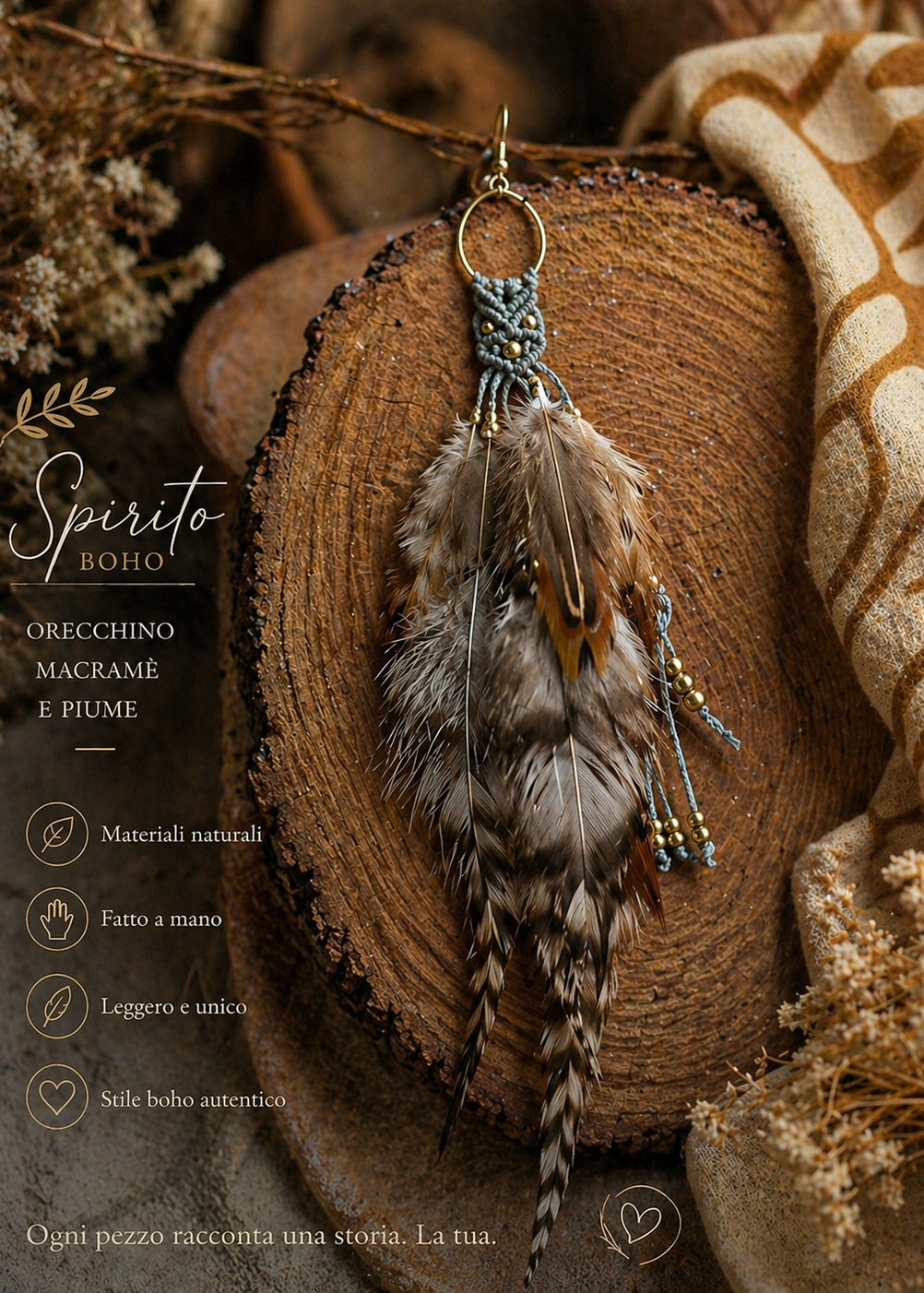 Orecchino Spirito Boho – Macramè & Piume Naturali | Fatto a Mano