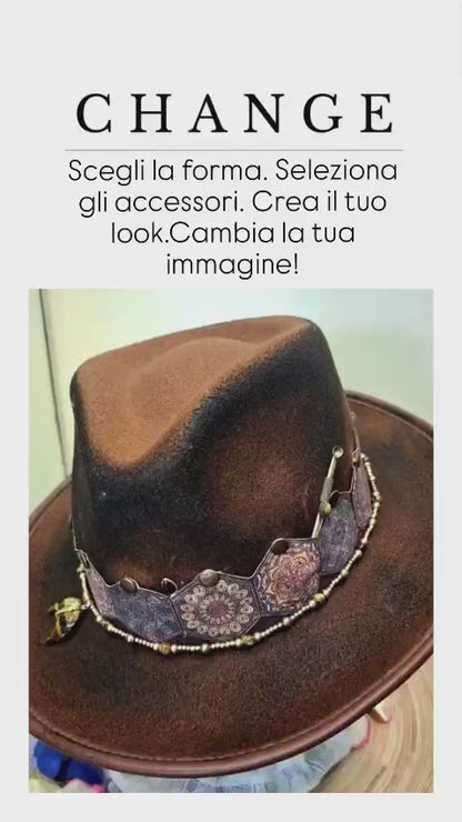 "La Memoria del Fuoco" - Cappello fedora bruciato decorato a mano