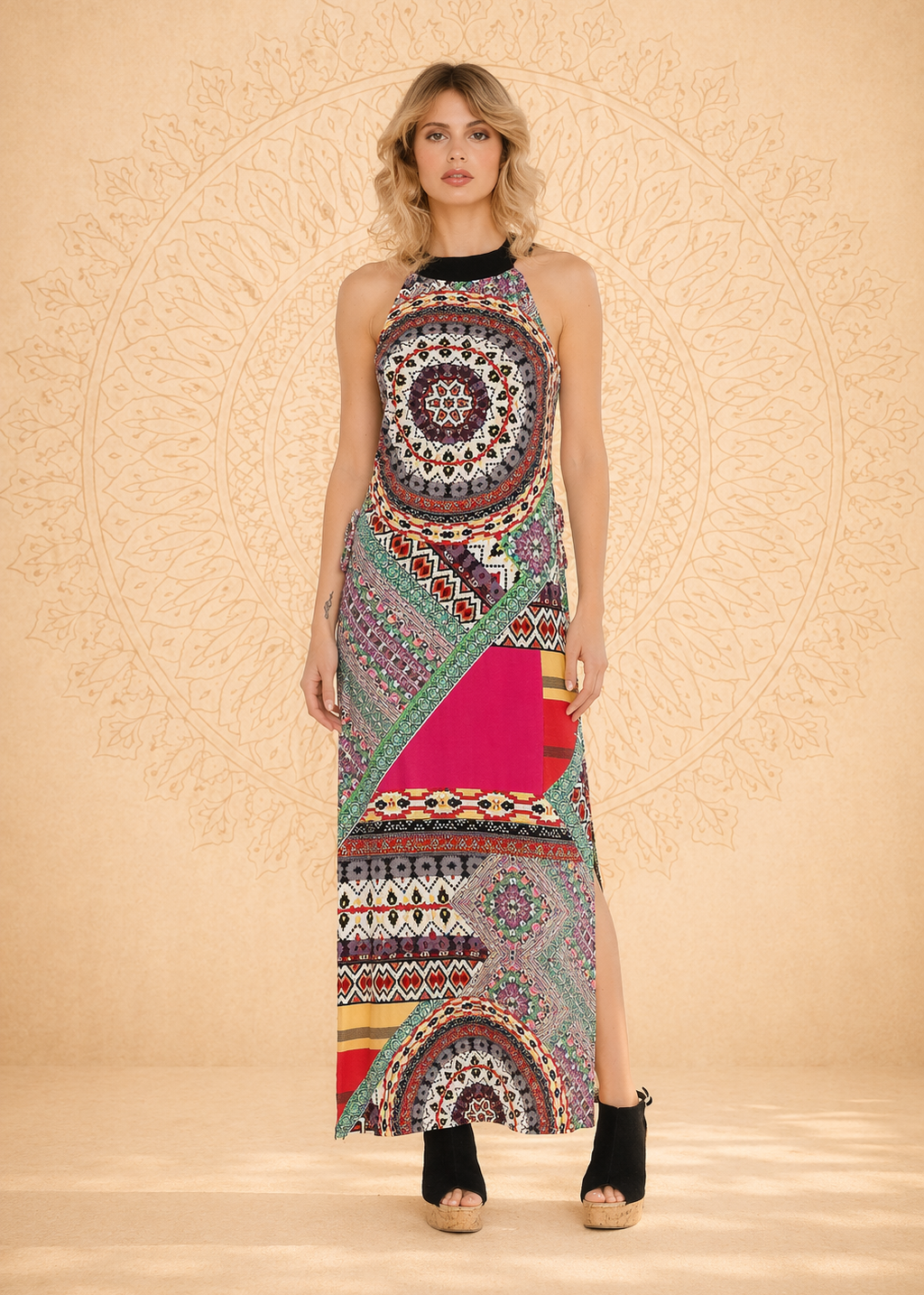 Bluebell – Vestito Lungo Avvitato con Pattern Geometrico e Collo Americano | Baba Design