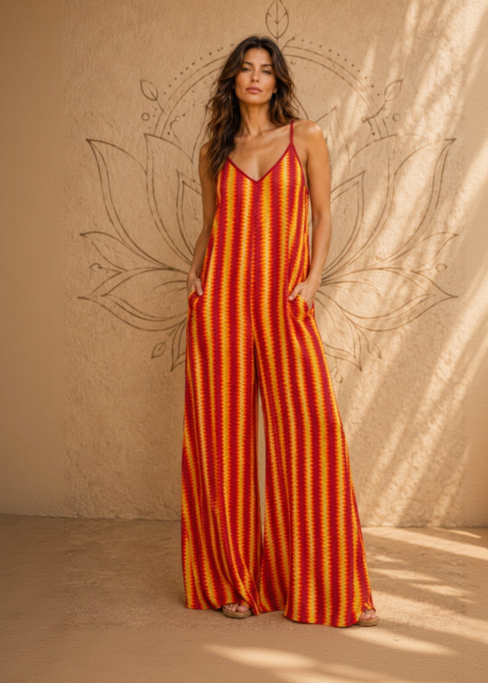 Tuta Energy Vibes Baba Design colore Rosso – jumpsuit palazzo smanicata a righe vibranti, stile boho – Gipsy Fashion Wear