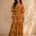 Vestito lungo Spring Flowers Baba Design – pattern floreale giallo, cotone rayon, taglia S/M
