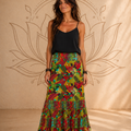 Gonna lunga a balze gipsy Urban Nature Baba Design – pattern tropicale foglie, taglia S/M, vista frontale
