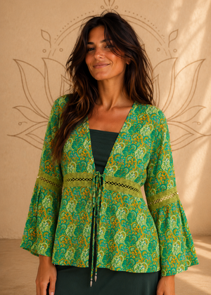 Coprispalle Energy Vibes Baba Design – cotone rayon, pattern damasco, colore verde, immagine di copertina
