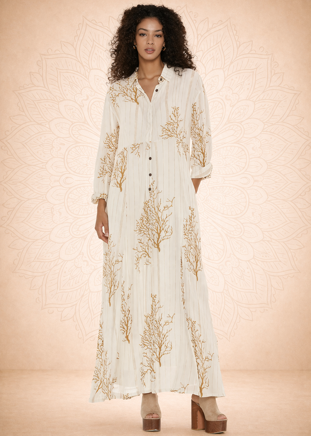 Seaweed Fever – Vestito Lungo Chemisier con Pattern Corallo