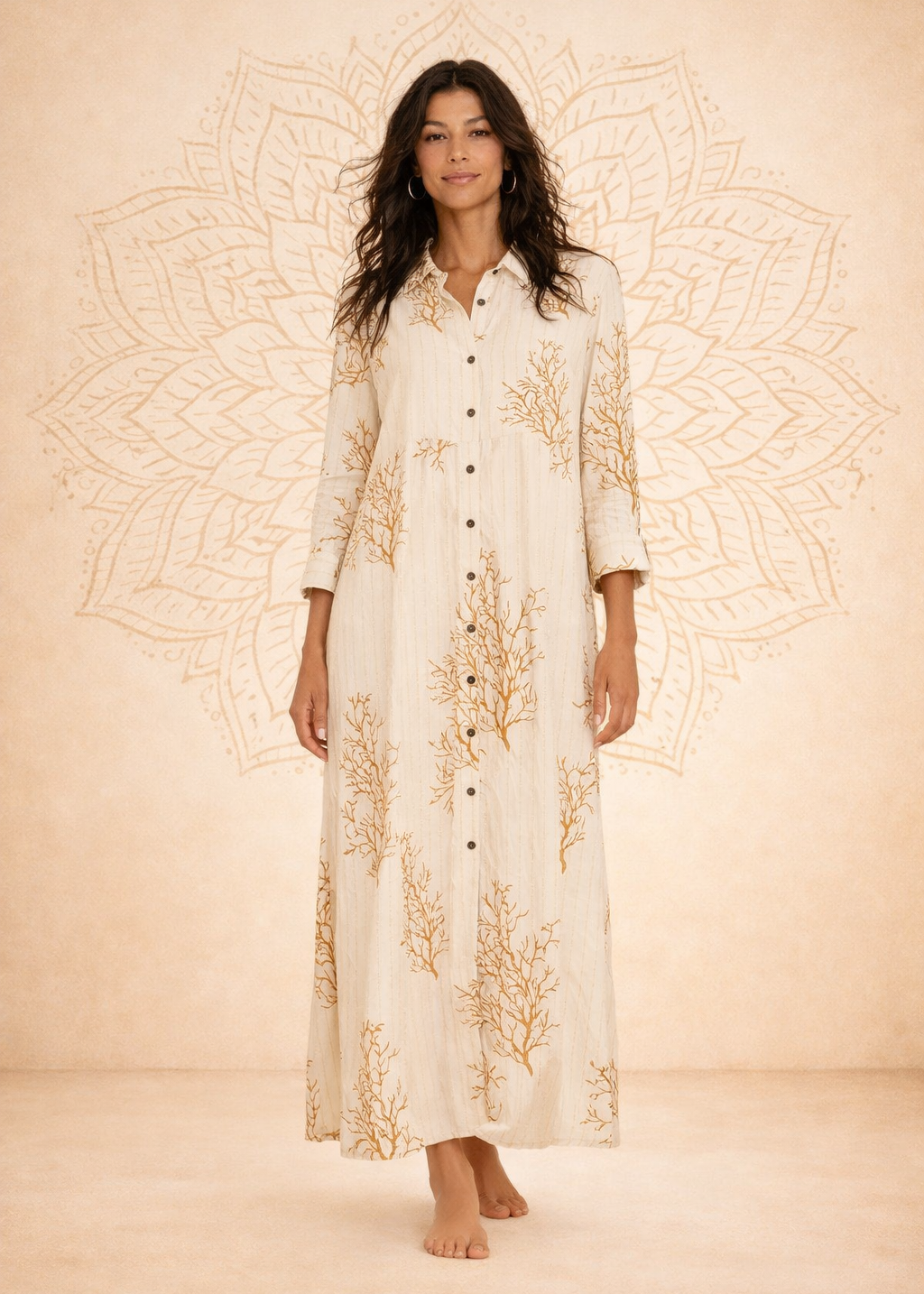 Seaweed Fever – Vestito Lungo Chemisier, Pattern Corallo, Bottoni Frontali | Baba Design