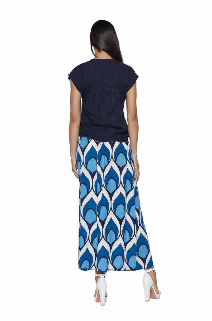 Navy top and peacock skirt back