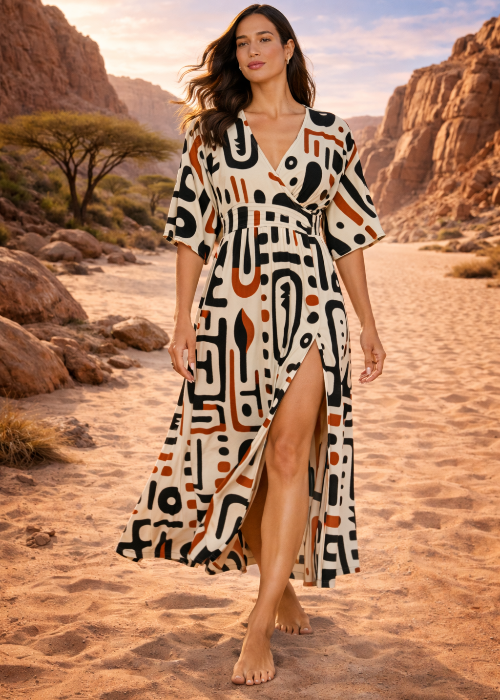 Vestito Lungo Kimono Afro Sand con Spacchi - Baba Design