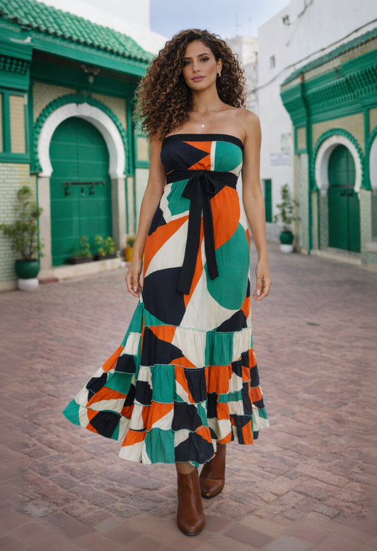 Vestito Lungo Bustier Tangerine Dream con Balze - Baba Design