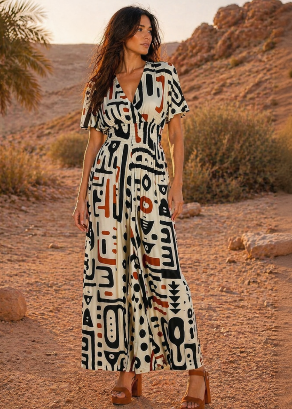 Jumpsuit Lunga Afro Sand | Viscosa Scollo V - Baba Design