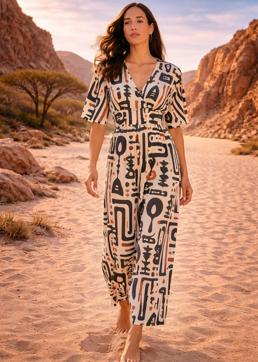 Jumpsuit Lunga Afro Sand Viscosa Scollo V - Baba Design