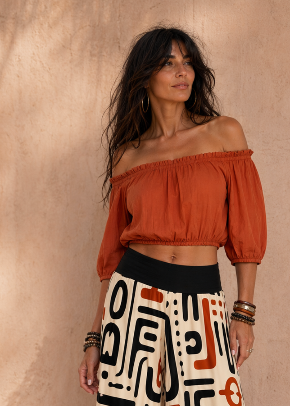 Top Corto Afro Sand Slub Cotton Off-Shoulder - Baba Design