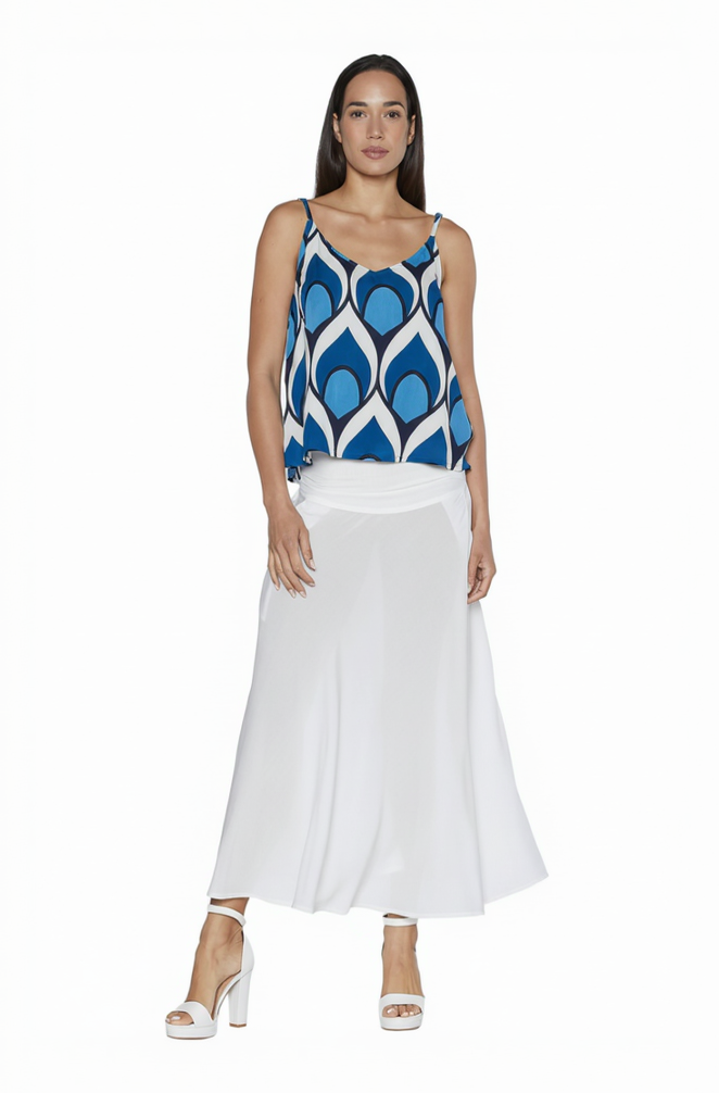 Blue peacock top and white skirt front