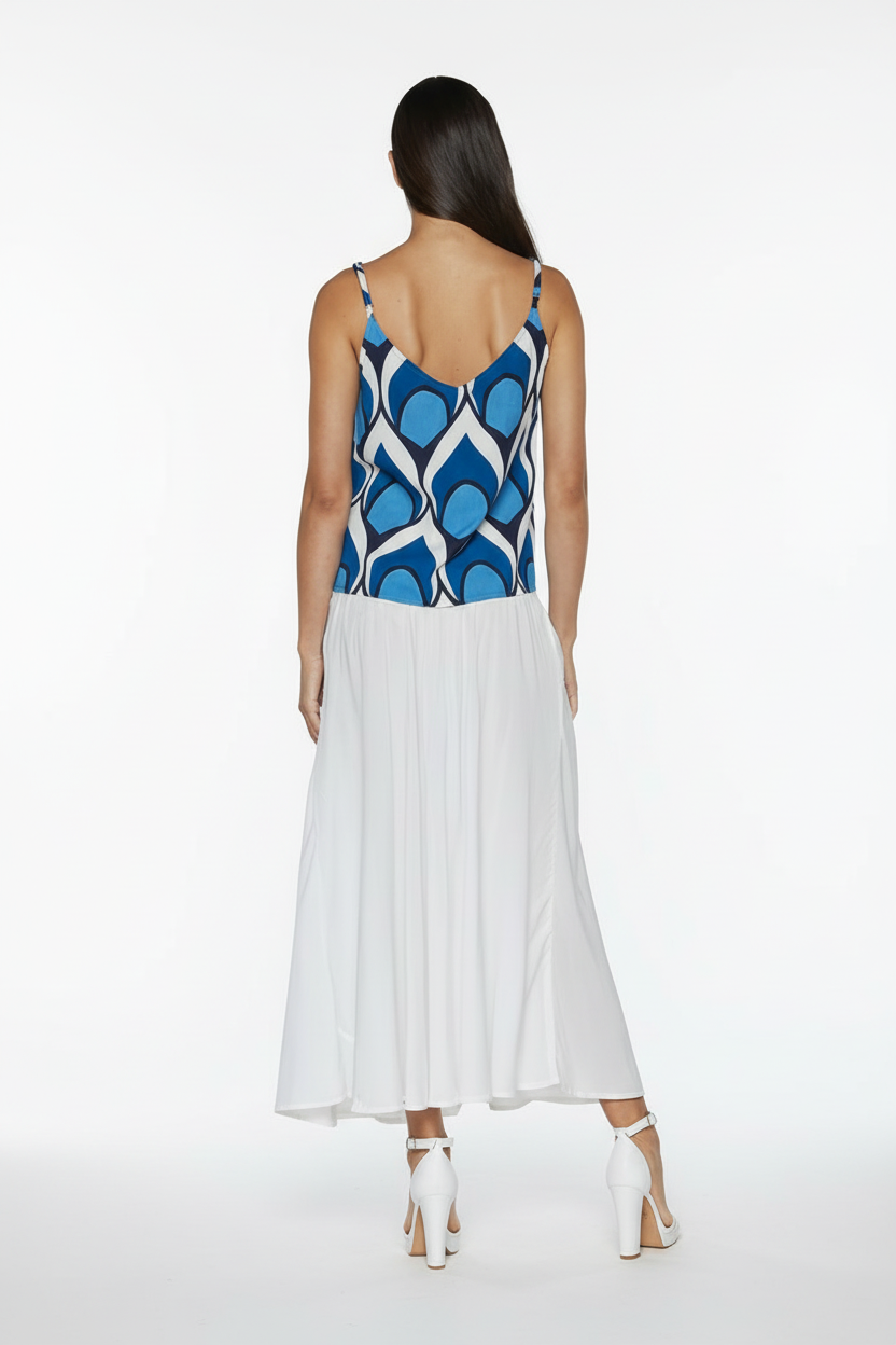 Blue peacock top and white skirt back