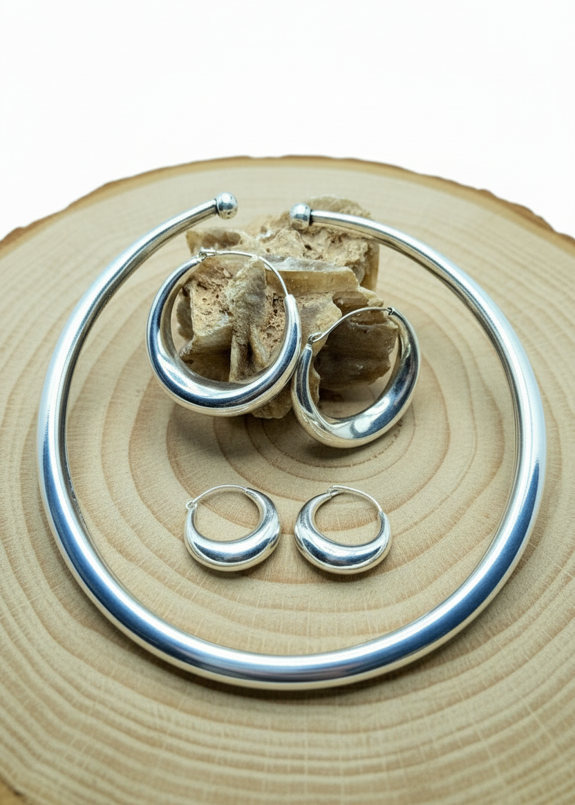 Set argento con legno chiaro