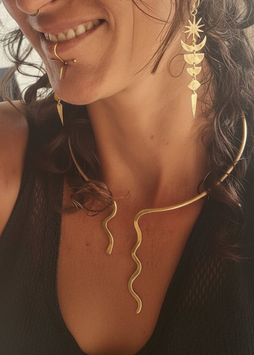 Snake Flow - Open Rigid Brass Snake Design Boho Collar