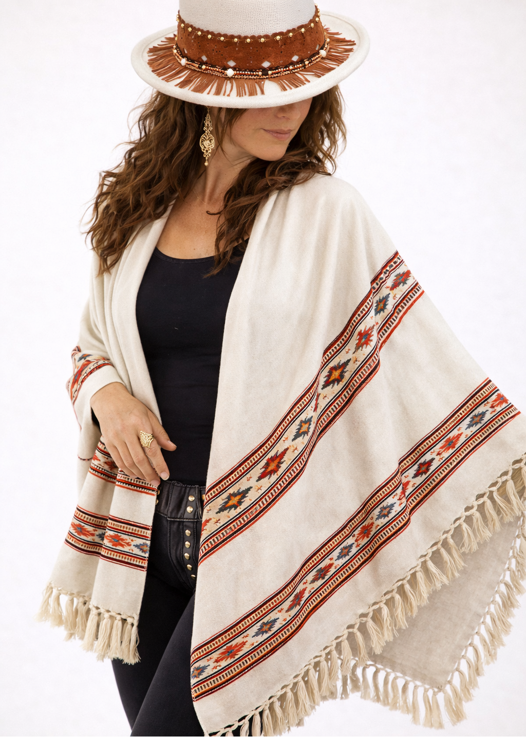 Coperta Tribale in Lana e Cotone - Maxi Stola con ricami etnici