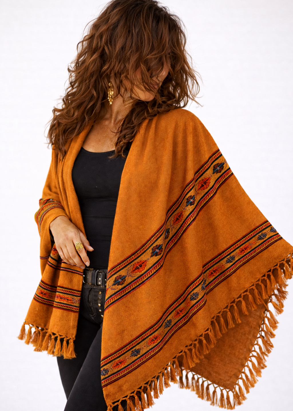 Coperta Tribale in Lana e Cotone - Maxi Stola con ricami etnici