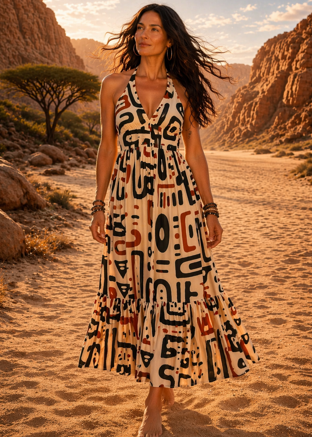 Vestito Lungo Afro Sand con Balze | Halter Schiena Scoperta – Baba Design