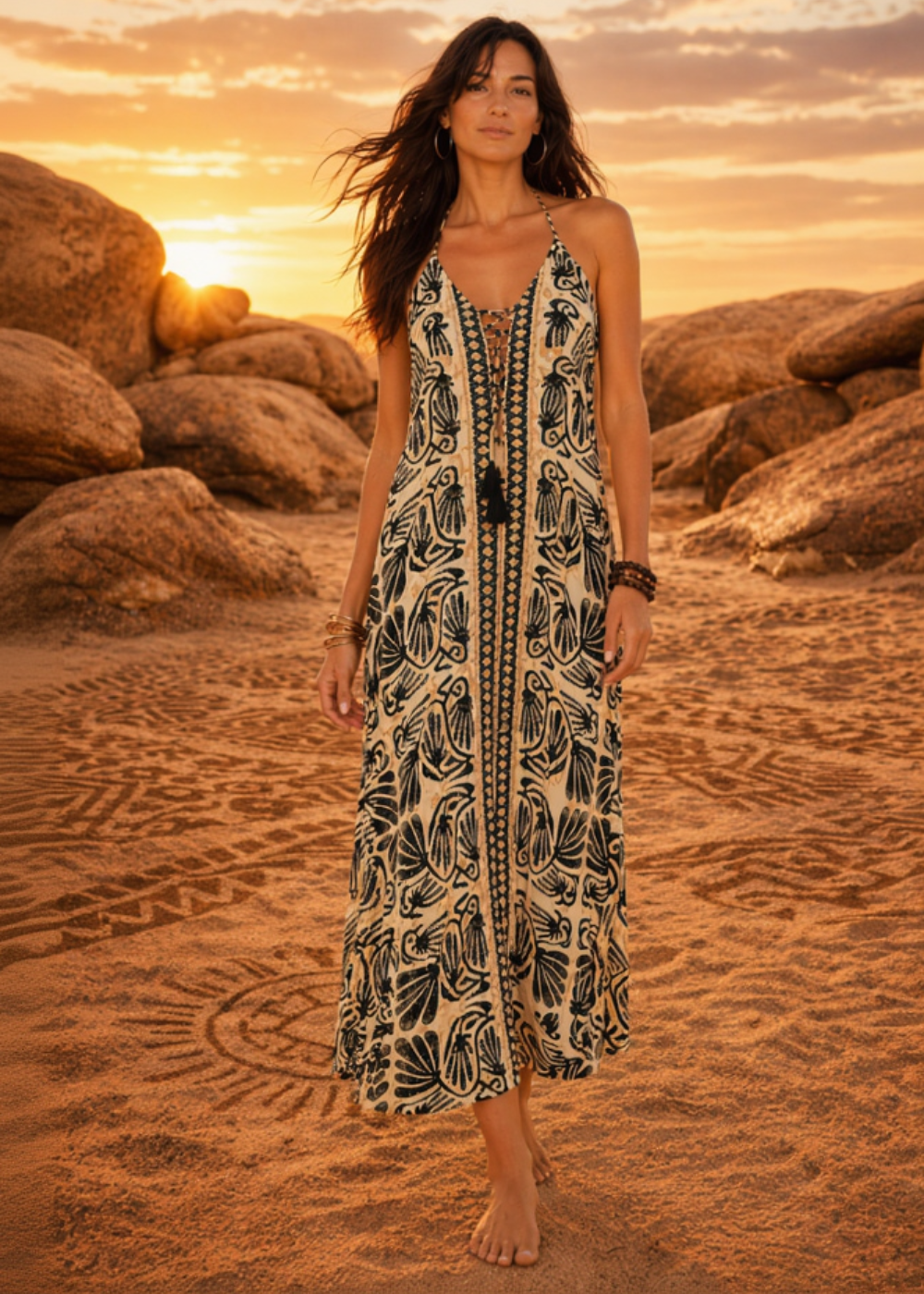 Vestito Lungo Aztec Honey | Viscosa Fluida Stampa Tribale – Baba Design