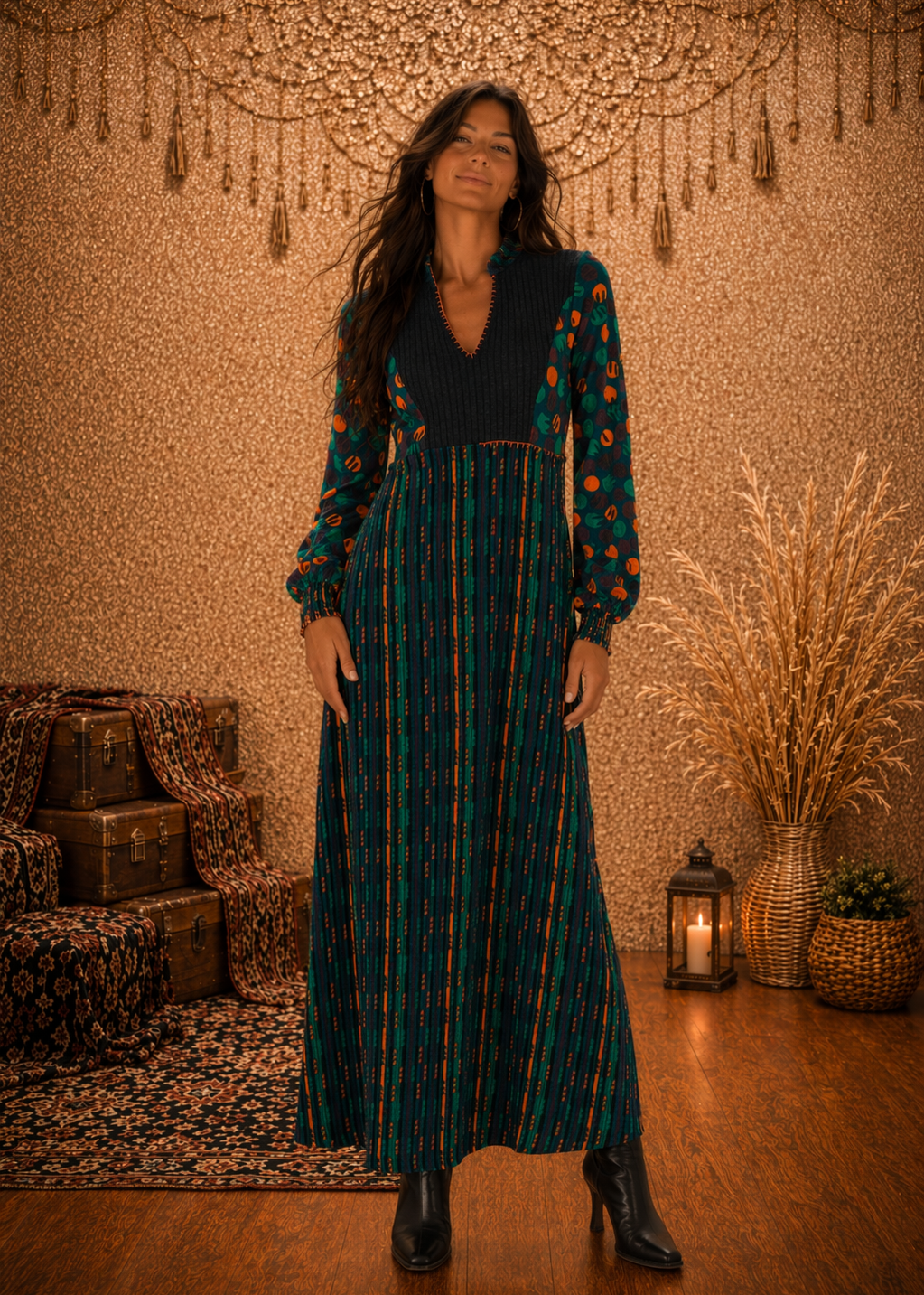 Mural Visions – Vestito Lungo Svasato con Manica a Sbuffo e Pattern Retrò | Baba Design