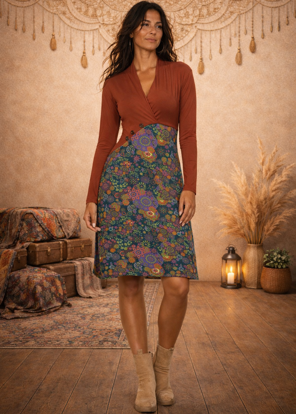 Vestito Midi Dublino – Top Incrociato, Pattern Floreale, Bottoncini | Baba Design