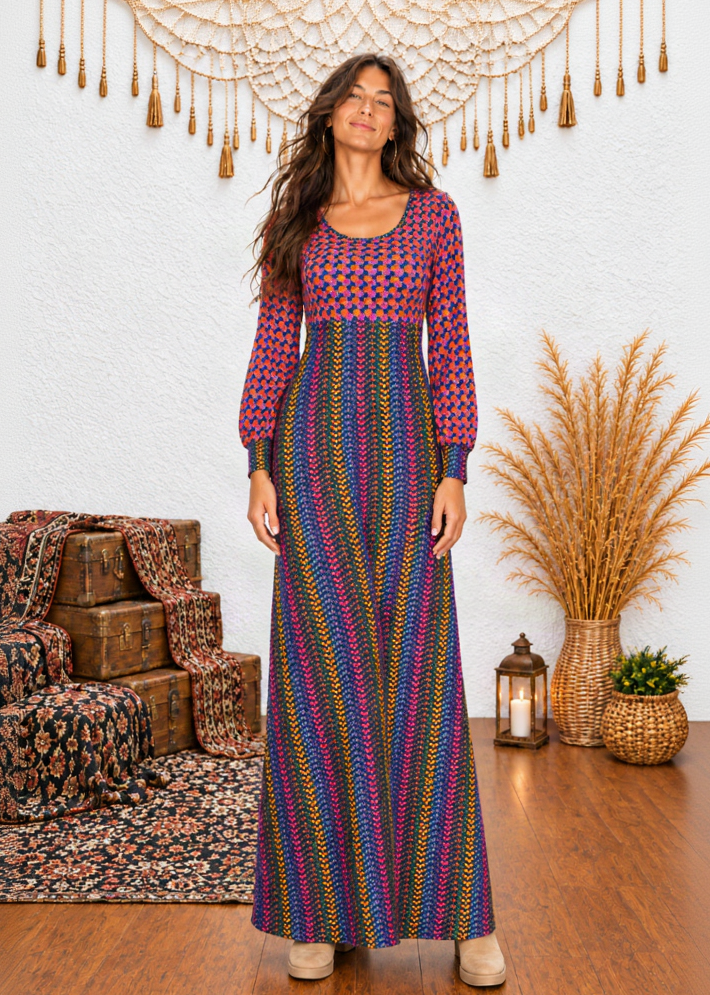 Long Dress Paris | Two Matching Patterns Puff Sleeve Empire Cut – Baba Design