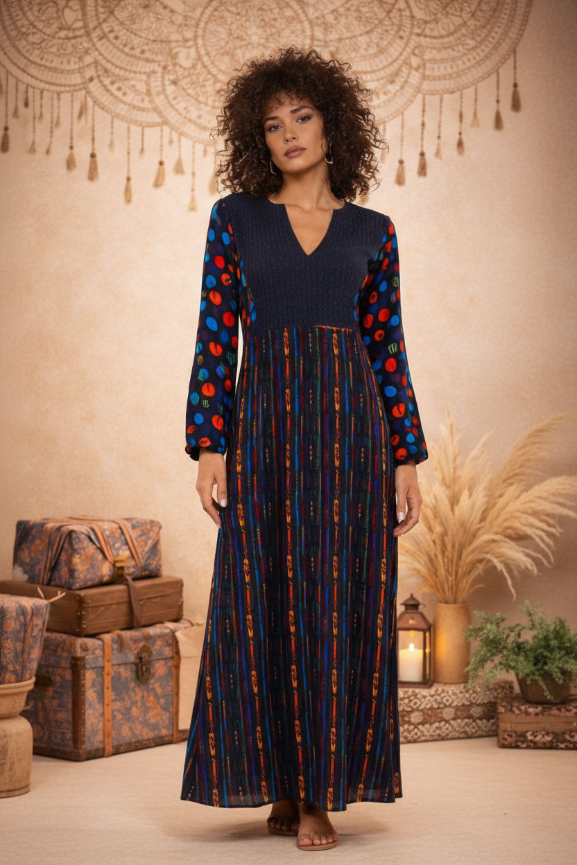 Mural Visions – Vestito Lungo Svasato con Manica a Sbuffo e Pattern Retrò | Baba Design