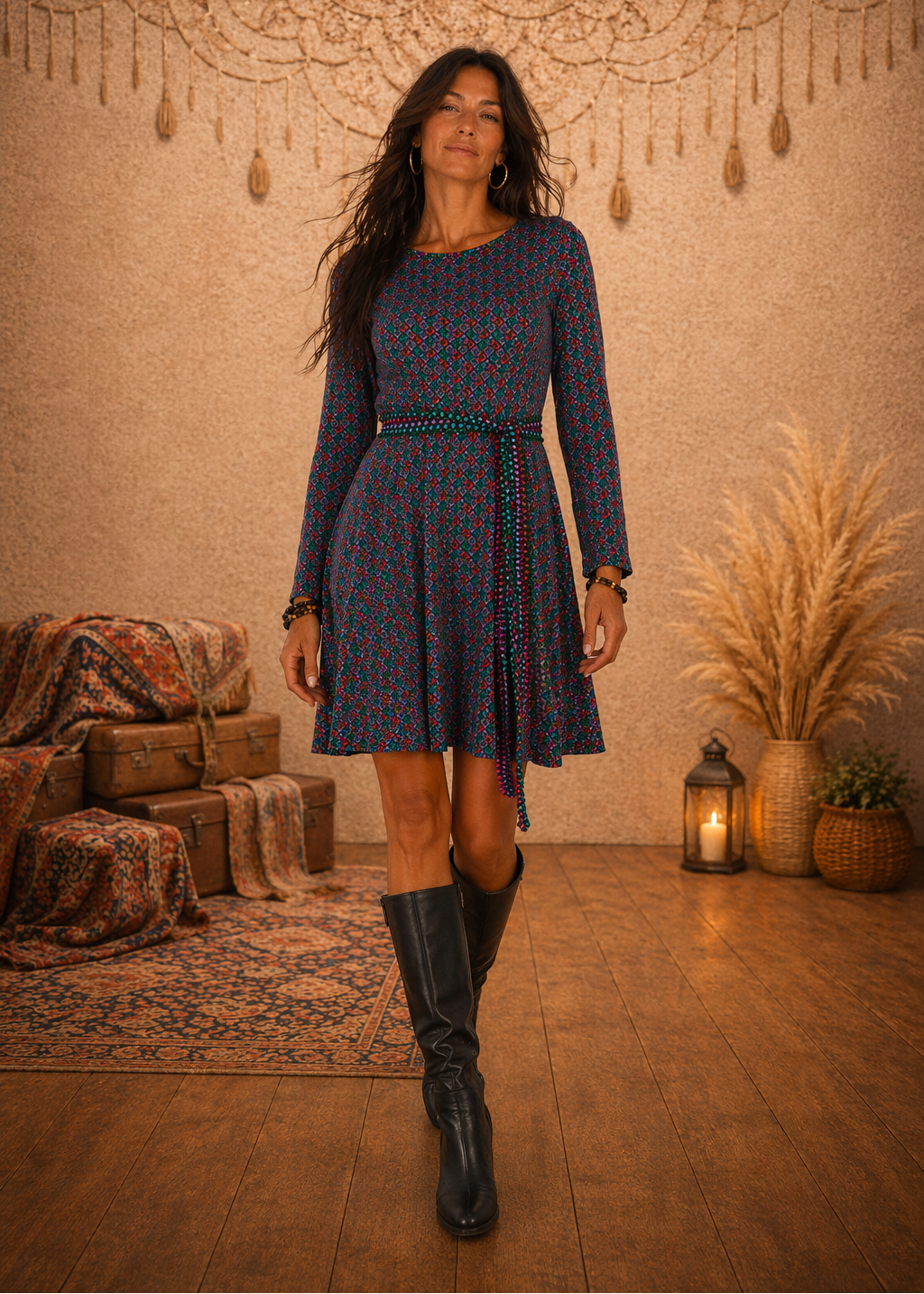 Vestito Corto Vienna | Fantasia Geometrica Maniche Lunghe Cintura – Baba Design