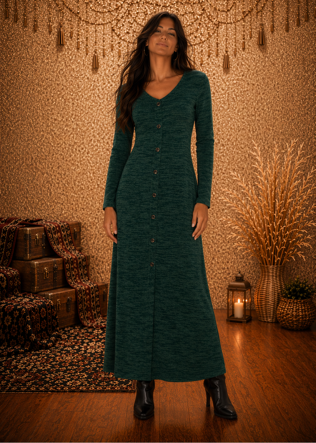 Vestito Lungo Concrete Jungle | Tinta Unita Scollo V Bottoncini Tono su Tono – Baba Design