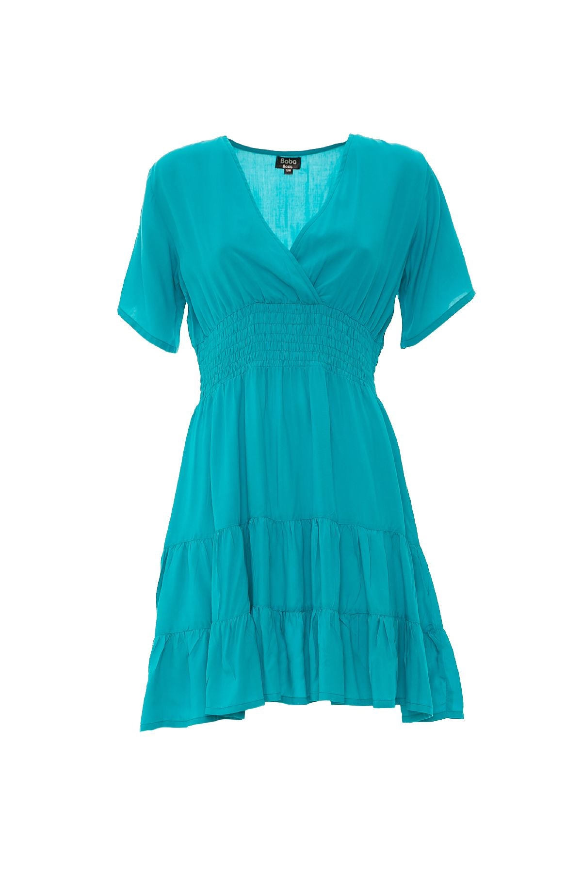 Vestito corto turchese Baba Design – dettaglio gonna a balze e inserto elastico in vita