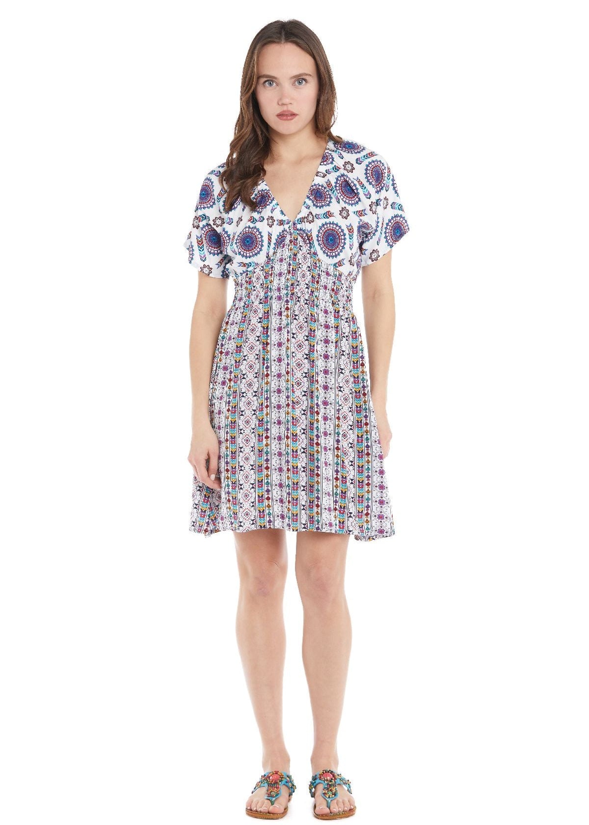 Vestito corto bianco Baba Design – scollatura a V profonda, pattern mandala e geometrico, manica corta