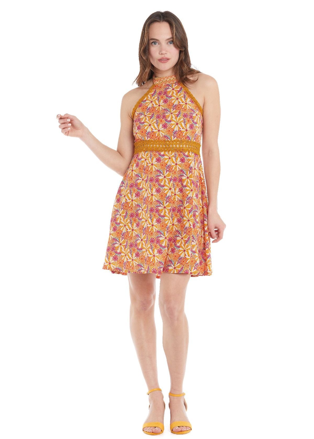 Vestito corto arancione Baba Design – allacciatura al collo e passamaneria traforata in vita
