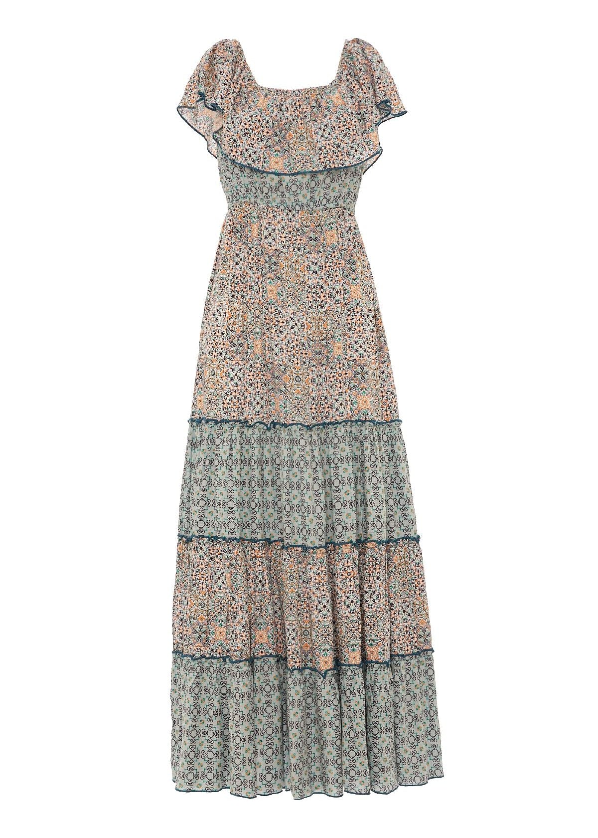 Vestito lungo Majolica Tree Baba Design colore Azzurro – stile boho gipsy con balze, scollo a barca – Gipsy Fashion Wear
