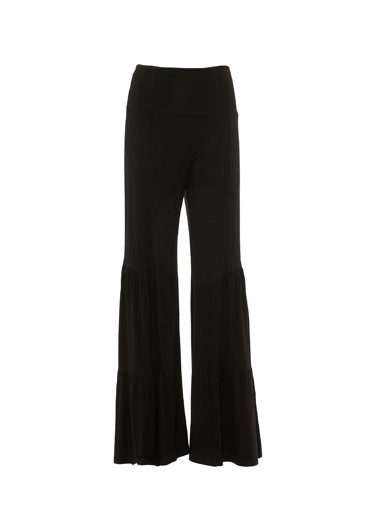 Pantalone lungo nero a palazzo con balze – Baba Design, modello Dancing Barefoot in viscosa