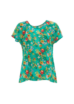 Maglia Spring Flowers Baba Design S23T12 – t-shirt verde smeraldo con fiori colorati, stile boho, maniche corte